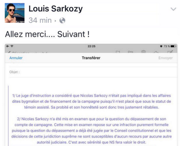 Louis Sarkozy soutient son père sur Twitter, le 16 février 2016.