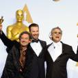 Chris Evans, Mark Mangini et David White (Oscar du meilleur montage de son pour le film "Mad Max: Fury Road") - Press Room de la 88ème cérémonie des Oscars à Hollywood, le 28 février 2016.28/02/2016 - Los Angeles