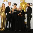 Margot Robbie, Lesley Vanderwalt, Elka Wardega et Damian Martin (Oscar du meilleur maquillage pour le film "Max Mad: Fury Road"), Jared Leto - Press Room de la 88ème cérémonie des Oscars à Hollywood, le 28 février 2016.28/02/2016 - Hollywood