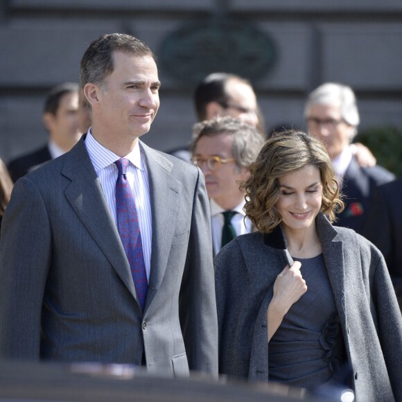 La reine Letizia et le roi Felipe VI d'Espagne inauguraient le 4 mars 2016 l'exposition "Miguel de Cervantes : de la vie au mythe" à la Bibliothèque nationale d'Espagne à Madrid.