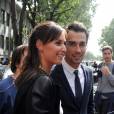 Flavia Pennetta et Fabio Fognini au défilé Giorgio Armani pendant la fashion week à Milan, le 28 septembre 2015. Le couple doit se marier le 11 juin 2016 dans les Pouilles.