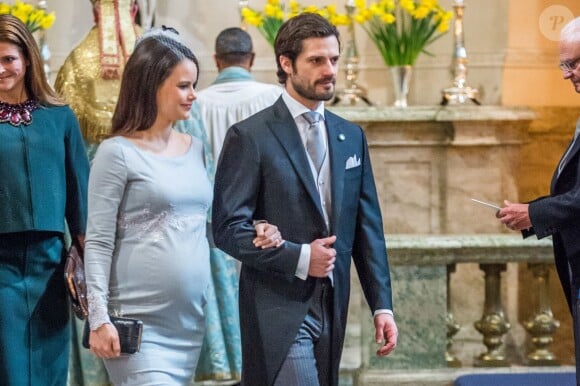 La princesse Sofia et le prince Carl Philip à la messe d'action de grâce en la chapelle royale au palais Drottningholm à Stockholm, le 3 mars 2016, pour la naissance du prince Oscar de Suède, duc de Scanie, deuxième enfant de la princesse Victoria et du prince Daniel.