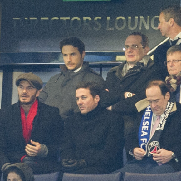David Beckham et son fils Brooklyn - People au match des 1/8 de finale de la Ligue Champions entre Chelsea et le PSG à Londres le 9 mars 2016. Le PSG à battu Chelsea sur le score de 2-1 et se qualifie pour les quarts de finale de la Ligue des Champions. © Pierre Perusseau/Bestimage