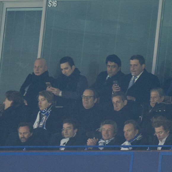 Jean Sarkozy, Xavier Niel, Nicolas Sarkozy, Jean-Claude Darmon - People au match des 1/8 de finale de la Ligue Champions entre Chelsea et le PSG à Londres le 9 mars 2016. Le PSG à battu Chelsea sur le score de 2-1. © Pierre Perusseau/Bestimage