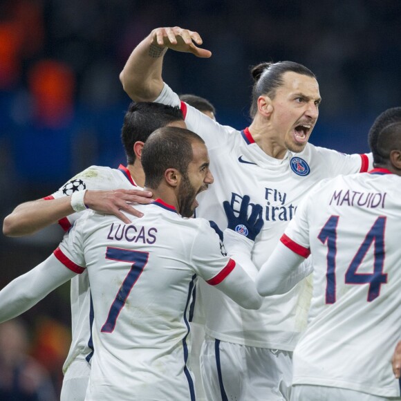 Lucas Moura, Zlatan Ibrahimovic, Blaise Matuidi - Match des 1/8 de finale de la Ligue Champions entre Chelsea et le PSG à Londres le 9 mars 2016. Le PSG à battu Chelsea sur le score de 2-1. © Pierre Perusseau/Bestimage