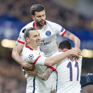 Zlatan Ibrahimovic, Thiago Motta - Match des 1/8 de finale de la Ligue Champions entre Chelsea et le PSG à Londres le 9 mars 2016. Le PSG à battu Chelsea sur le score de 2-1 © Pierre Perusseau/Bestimage