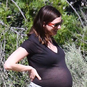 Anne Hathaway, enceinte, se promène avec son mari Adam Shulman et ses chiens à Los Angeles le 12 Mars 2016.