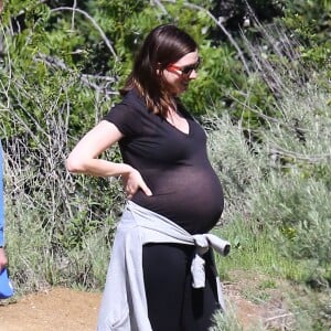 Anne Hathaway, enceinte, se promène avec son mari Adam Shulman et ses chiens à Los Angeles le 12 Mars 2016.