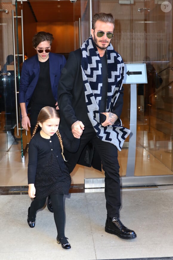 David Beckham et ses enfants Brooklyn et Harper Beckham à New York le 13 février 2016.