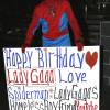 L'ami sans abri de Lady Gaga déguisé en Spiderman lui fête son 30 ème anniversaire à l'aide d'un grand panneau "Happy Birthday Lady Gaga" sur Sunset Blvd à Los Angeles le 27 Mars 2016. © CPA/BESTIMAGE