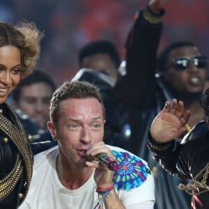 Beyoncé, Chris Martin et Bruno Mars au Super Bowl 50. Santa Clara, le 7 février 2016.