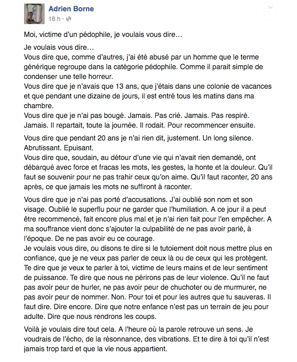 Victime d'un pédophile alors qu'il n'avait que 13 ans, Adrien Borne (i-TELE) a décidé de parler 20 ans plus tard, sur Facebook. Le 12/04/16