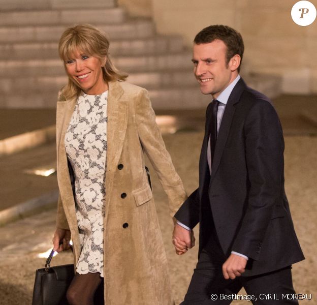 Brigitte et Emmanuel Macron au dîner d'état organisé en l'honneur du roi Willem-Alexander et la reine Maxima des Pays-Bas à l'Elysée le 10 mars 2016 à Paris