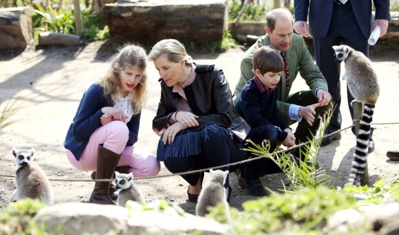 Le prince Edward, parrain de la Société zoologique de Bristol, et son épouse la comtesse Sophie de Wessex profitaient le 14 avril 2016 de l'inauguration d'une expo au zoo de Bristol pour le visiter avec leurs enfants Lady Louise, 12 ans, et James, vicomte Severn, 8 ans.