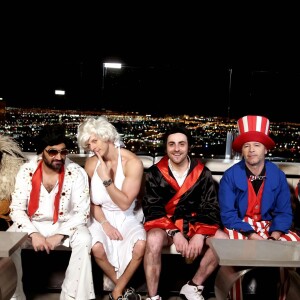 Exclusif - Jour 2 - Cyril Hanouna, Camille Combal et leurs cinq chroniqueurs jouent au ping pong et se préparent sur le toit de leur hôtel Palms Casino Resort Flamingo à Las Vegas le 1er avril 2016. Moktar Guetari s'est déguisé en indien, Cyril Hanouna en Elvis Presley, Jean-Michel Maire en Oncle Sam, Camille Combal en boxeur, Isabelle Morini-Bosc en machine à sous, Matthieu Delormeau en Marilyn Monroe et Gilles Verdez en catcheur. Cyril Hanouna et son futur époux Camille Combal sont partis à Las Vegas le jeudi 31 mars 2016 pour célébrer leur mariage le samedi 2 avril 2016. Jean-Michel Maire, Isabelle Morini-Bosc, Matthieu Delormeau, Moktar Guetari et Gilles Verdez étaient les cinq chroniqueurs qui les accompagnaient ainsi que des invités de l'émission "Touche pas à mon poste !" choisis dans le public.