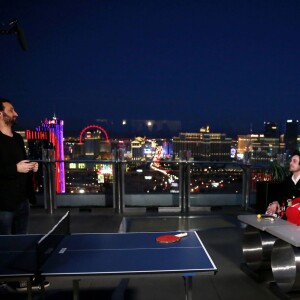 Exclusif - Jour 2 - Cyril Hanouna, Camille Combal et leurs cinq chroniqueurs jouent au ping pong et se préparent sur le toit de leur hôtel Palms Casino Resort Flamingo à Las Vegas le 1er avril 2016. Moktar Guetari s'est déguisé en indien, Cyril Hanouna en Elvis Presley, Jean-Michel Maire en Oncle Sam, Camille Combal en boxeur, Isabelle Morini-Bosc en machine à sous, Matthieu Delormeau en Marilyn Monroe et Gilles Verdez en catcheur. Cyril Hanouna et son futur époux Camille Combal sont partis à Las Vegas le jeudi 31 mars 2016 pour célébrer leur mariage le samedi 2 avril 2016. Jean-Michel Maire, Isabelle Morini-Bosc, Matthieu Delormeau, Moktar Guetari et Gilles Verdez étaient les cinq chroniqueurs qui les accompagnaient ainsi que des invités de l'émission "Touche pas à mon poste !" choisis dans le public.