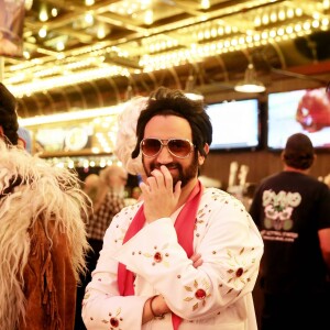 Exclusif - Jour 2 - Cyril Hanouna, Camille Combal et leurs cinq chroniqueurs se promènent sur la Fremont Street Experience à Las Vegas le 1er avril 2016. Moktar Guetari s'est déguisé en indien, Cyril Hanouna en Elvis Presley, Jean-Michel Maire en Oncle Sam, Camille Combal en boxeur, Isabelle Morini-Bosc en machine à sous, Matthieu Delormeau en Marilyn Monroe et Gilles Verdez en catcheur. Cyril Hanouna et son futur époux Camille Combal sont partis à Las Vegas le jeudi 31 mars 2016 pour célébrer leur mariage le samedi 2 avril 2016. Jean-Michel Maire, Isabelle Morini-Bosc, Matthieu Delormeau, Moktar Guetari et Gilles Verdez étaient les cinq chroniqueurs qui les accompagnaient ainsi que des invités de l'émission "Touche pas à mon poste !" choisis dans le public.