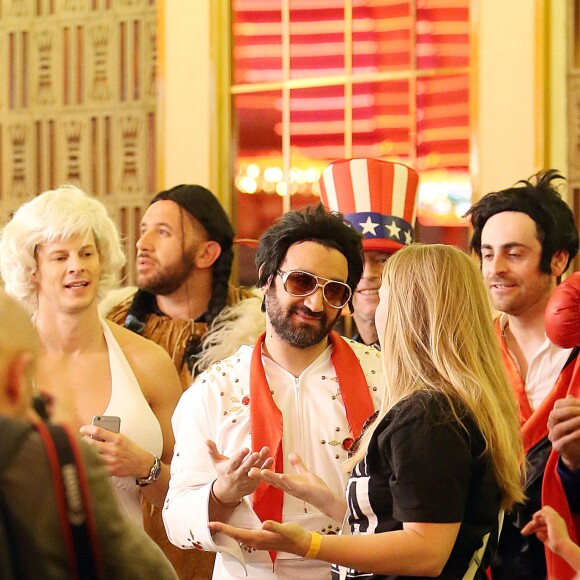 Exclusif - Jour 2 - Cyril Hanouna, Camille Combal et leurs cinq chroniqueurs se promènent sur la Fremont Street Experience à Las Vegas le 1er avril 2016. Moktar Guetari s'est déguisé en indien, Cyril Hanouna en Elvis Presley, Jean-Michel Maire en Oncle Sam, Camille Combal en boxeur, Isabelle Morini-Bosc en machine à sous, Matthieu Delormeau en Marilyn Monroe et Gilles Verdez en catcheur. Cyril Hanouna et son futur époux Camille Combal sont partis à Las Vegas le jeudi 31 mars 2016 pour célèbrer leur mariage le samedi 2 avril 2016. Jean-Michel Maire, Isabelle Morini-Bosc, Matthieu Delormeau, Moktar Guetari et Gilles Verdez étaient les cinq chroniqueurs qui les accompagnaient ainsi que des invités de l'émission "Touche pas à mon poste !" choisis dans le public.