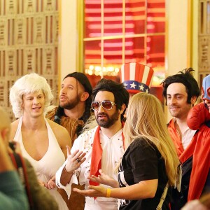 Exclusif - Jour 2 - Cyril Hanouna, Camille Combal et leurs cinq chroniqueurs se promènent sur la Fremont Street Experience à Las Vegas le 1er avril 2016. Moktar Guetari s'est déguisé en indien, Cyril Hanouna en Elvis Presley, Jean-Michel Maire en Oncle Sam, Camille Combal en boxeur, Isabelle Morini-Bosc en machine à sous, Matthieu Delormeau en Marilyn Monroe et Gilles Verdez en catcheur. Cyril Hanouna et son futur époux Camille Combal sont partis à Las Vegas le jeudi 31 mars 2016 pour célèbrer leur mariage le samedi 2 avril 2016. Jean-Michel Maire, Isabelle Morini-Bosc, Matthieu Delormeau, Moktar Guetari et Gilles Verdez étaient les cinq chroniqueurs qui les accompagnaient ainsi que des invités de l'émission "Touche pas à mon poste !" choisis dans le public.