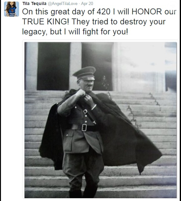 Tila Tequila faisant l'apologie d'Adolf Hitler sur son compte Twitter le 20 avril 2016