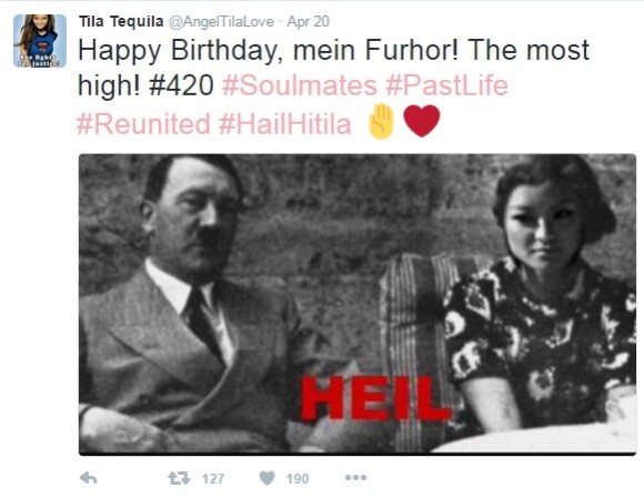 Tila Tequila faisant l'apologie d'Adolf Hitler sur son compte Twitter le 20 avril 2016