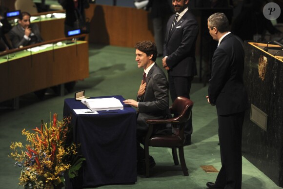 Justin Trudeau, premier ministre Canadien - Conférence internationale sur le climat à L'ONU à New York le 22 Avril 2016.