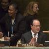 François Hollande et Ban Ki Moon lors de la conférence sur le "Paris Climate Agreement" aux Nations-Unies à New York, le 22 avril 2016.