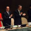 Ségolène Royal, François Hollande, Ban Ki-moon et Lalla Hasna - Conférence sur le climat à L'ONU à New York le 22 Avril 2016.