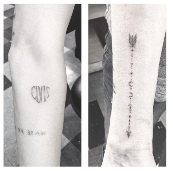 Le tatoueur Doctor Woo a publié une photo du nouveau tatouage qu'il a réalisé pour Miley Cyrus et sa mère Tish. Sur Instagram au mois d'avril 2016.