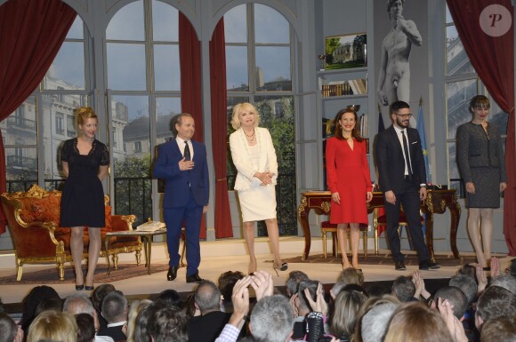 Exclusif - Camille Hugues, Raymond Acquaviva, Amanda Lear, Marie Parouty, Édouard Collin et Lydie Muller - Députés et sénateurs à la pièce de théâtre "La Candidate" avec Amanda Lear à La Michodière à Paris. Le 27 avril 2016 © Coadic Guirec / Bestimage