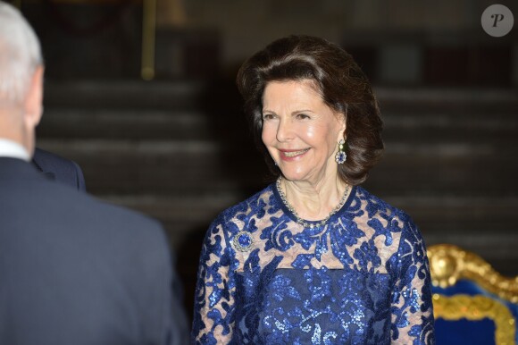 Le roi Carl Gustav et la reine Silvia de Suède accueillent les personnalités au concert en l'honneur du 70ème anniversaire du roi au Musée Nordic à Stockholm. Le 29 avril 2016