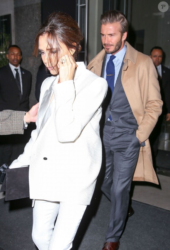 Victoria et David Beckham à la sortie de leur hôtel à New York, le 8 février 2016