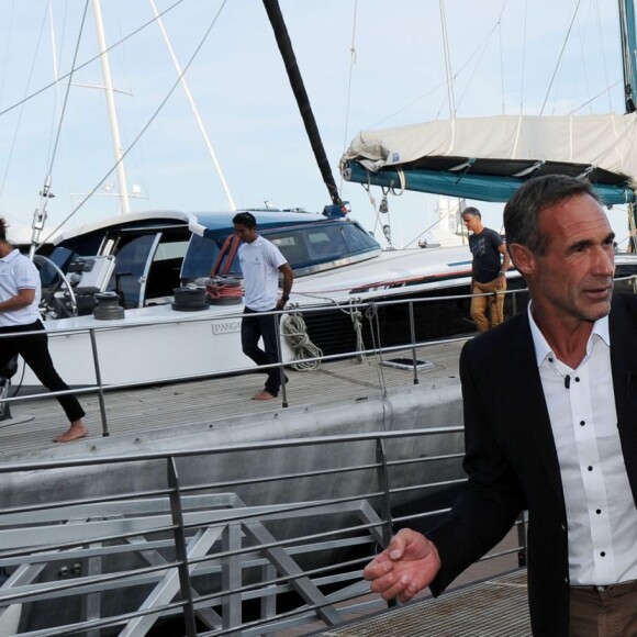 Le prince Albert II de Monaco et Mike Horn ont assisté à la présentation de sa nouvelle expédition : "Pole2Pole", à bord de son voilier Pangaea, amarré au Yacht Club de Monaco le 6 mai 2016. ©Bruno Bebert/Bestimage