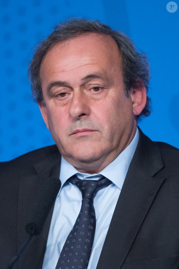 Michel Platini (président de l'UEFA) lors de la conférence de presse pour l'ouverture de la billetterie de l'Euro 2016 à Paris, le 10 juin 2015, qui se tiendra en France du 10 juin au 10 juillet 2016.