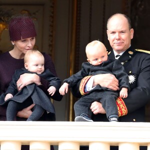 La princesse Charlene de Monaco avec la princesse Gabriella et le prince Albert II de Monaco avec son fils le prince héréditaire Jacques lors de leur première Fête Nationale monégasque, le 19 novembre 2015. © Dominique Jacovides/Bruno Bébert/ Bestimage