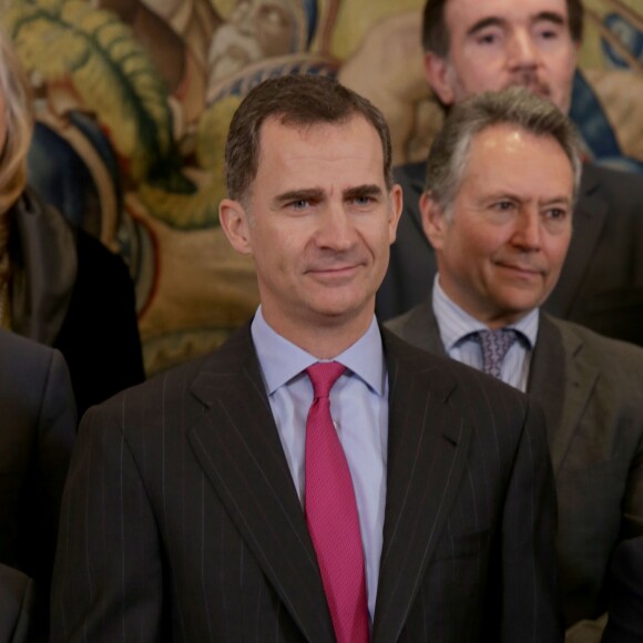 Le roi Felipe VI d'Espagne délivre le prix "Columna de la Libertad" à l'association AEDE (Association of Publishers of Spanish newspapers) lors d'une audience au palais Zarzuela à Madrid le 11 mai 2016