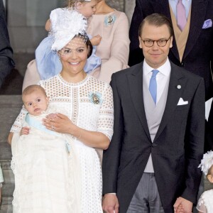 La princesse Mette-Marit de Norvège (marraine), le prince Oscar, la princesse Victoria, le prince Frederik de Danemark (parrain) et le prince Daniel - Baptême du prince Oscar de Suède à Stockholm en Suède le 27 mai 2016.