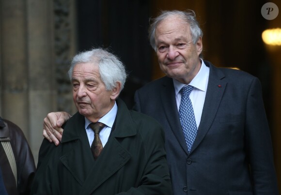 Yvan Levaï et Michel Boyon à la sortie des obsèques de André Rousselet en la Basilique Sainte-Clotilde de Paris le 2 juin 2016.02/06/2016 - Paris