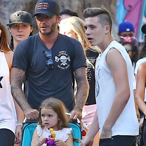 David Beckham, sa femme Victoria Beckham et leurs enfants Harper, Brooklyn, Romeo et Cruz s'amusent lors d'une journée en famille à Disneyland à Anaheim, le 24 août 2015.
