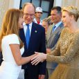 La princesse Charlene et le prince Albert de Monaco accueillant Jane Seymour lors du cocktail organisé le 14 juin 2016 dans la cour du palais princier en marge du 56e Festival de Télévision de Monte-Carlo. © Pool Festival TV Monaco / BestImage