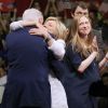 Hillary Clinton, Bill Clinton, sa fille Chelsea Clinton enceinte et son mari Marc Mezvinsky - Hillary Clinton a revendiqué mardi sa victoire aux primaires démocrates lors d'un discours lors du dernier Super Tuesday à Brooklyn, le 7 juin 2016. © Charles Guerin/Bestimage