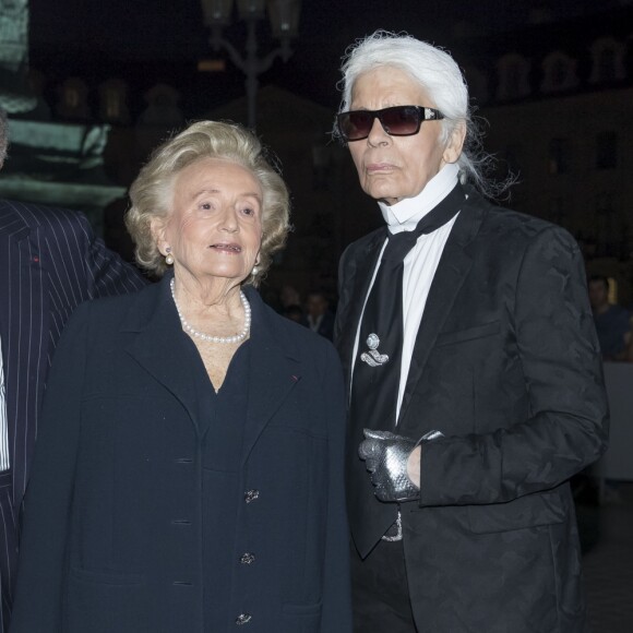 Mohamed Al-Fayed et sa femme Heini Wathén, Bernadette Chirac et Karl Lagerfeld - Réouverture de l'hôtel Ritz et présentation de la rénovation de la colonne Vendôme à Paris le 27 juin 2016. © Olivier Borde / Bestimage