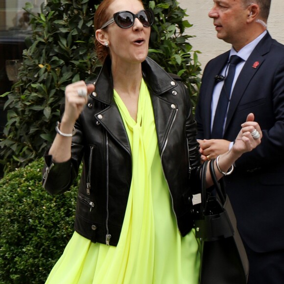 Céline Dion quitte son hôtel et salue ses fans à Paris le 28 juin 2016.