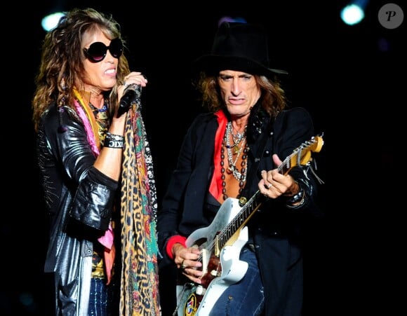 Le groupe Aerosmith (Steven Tyler et Joe Perry) en concert à Sao Paulo, le 21 octobre 2013