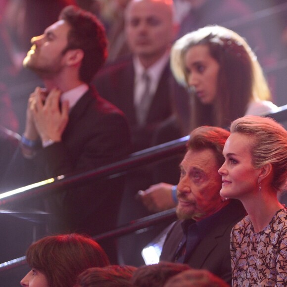 Johnny, Leticia Hallyday et Maxim Nucci - Cérémonie des 31ème Victoires de la Musique au Zénith de Paris le 12 février 2016 © Guirec Coadic / Bestimage