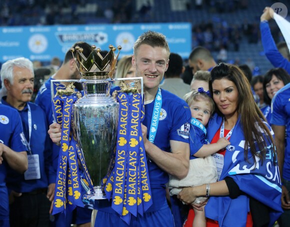 Jamie Vardy fêtant le titre de champion de Premier League de Leicester le 7 mai 2016.