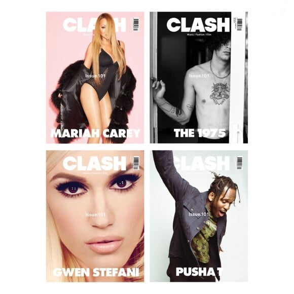 Les quatre couvertures de l'Issue 101 du magazine Clash, avec Mariah Carey, Gwen Stefani, Pusha-T et Matthew Healy du groupe The 1975.
