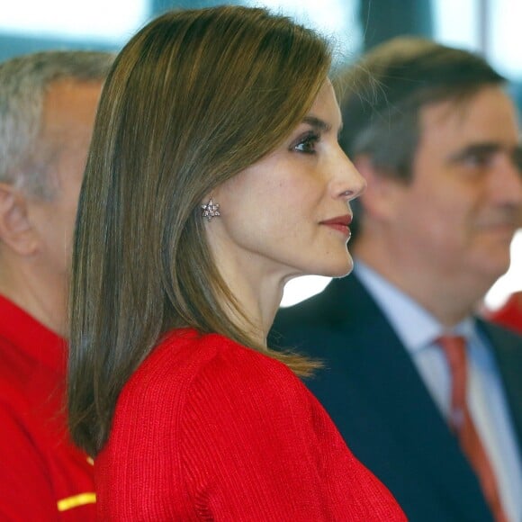 Letizia d'Espagne, avec Felipe, a souhaité bonne chance à la délégation espagnole pour les Jeux olympiques de Rio avant leur décollage pour le Brésil, le 29 juillet 2016 à l'aéroport Adolfo-Suarez de Madrid-Barajas.