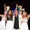 Fawaz Gruosi entouré de ses filles Violetta, Allegra et de sa compagne Sophie Taylor lors de la soirée d'anniversaire "Fawaz's Folies" pour les 64 ans de Fawaz Gruosi (de Grisogono) à la Cala di Volpe à Porto-Cervo, Sardaigne, Italie, le 8 août 2016. © Agence/Bestimage