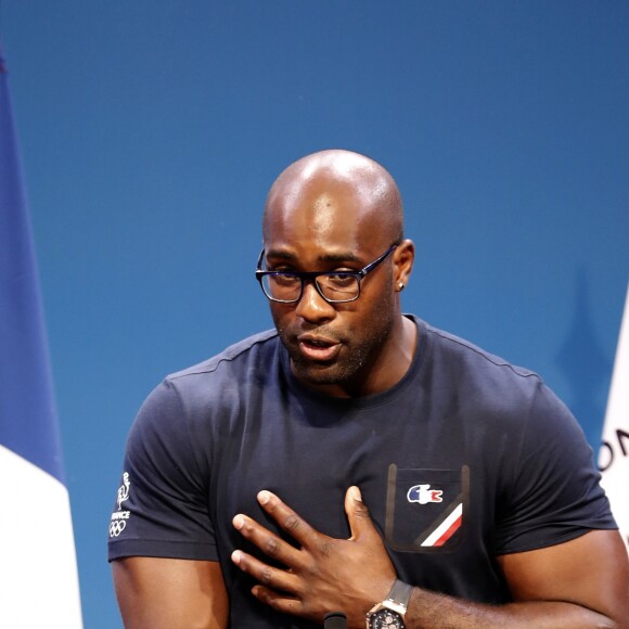 Teddy Riner - Le président français préside la conférence de presse pour la candidature de Paris aux JO 2024 lors des Jeux Olympiques de Rio de Janeiro le 5 août 2016. © Jack Guez / Pool / Bestimage